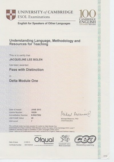 Jackie Bolen Official Delta Module 1 Certificate