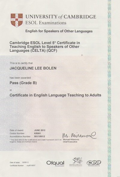 Jackie Bolen Official Celta Certificate
