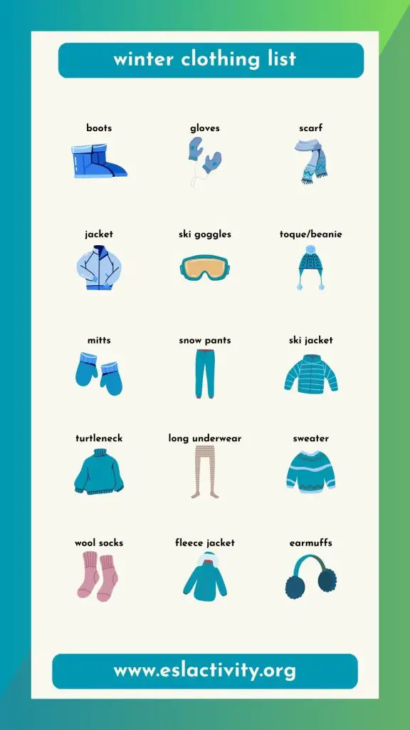 winter clothing names chart