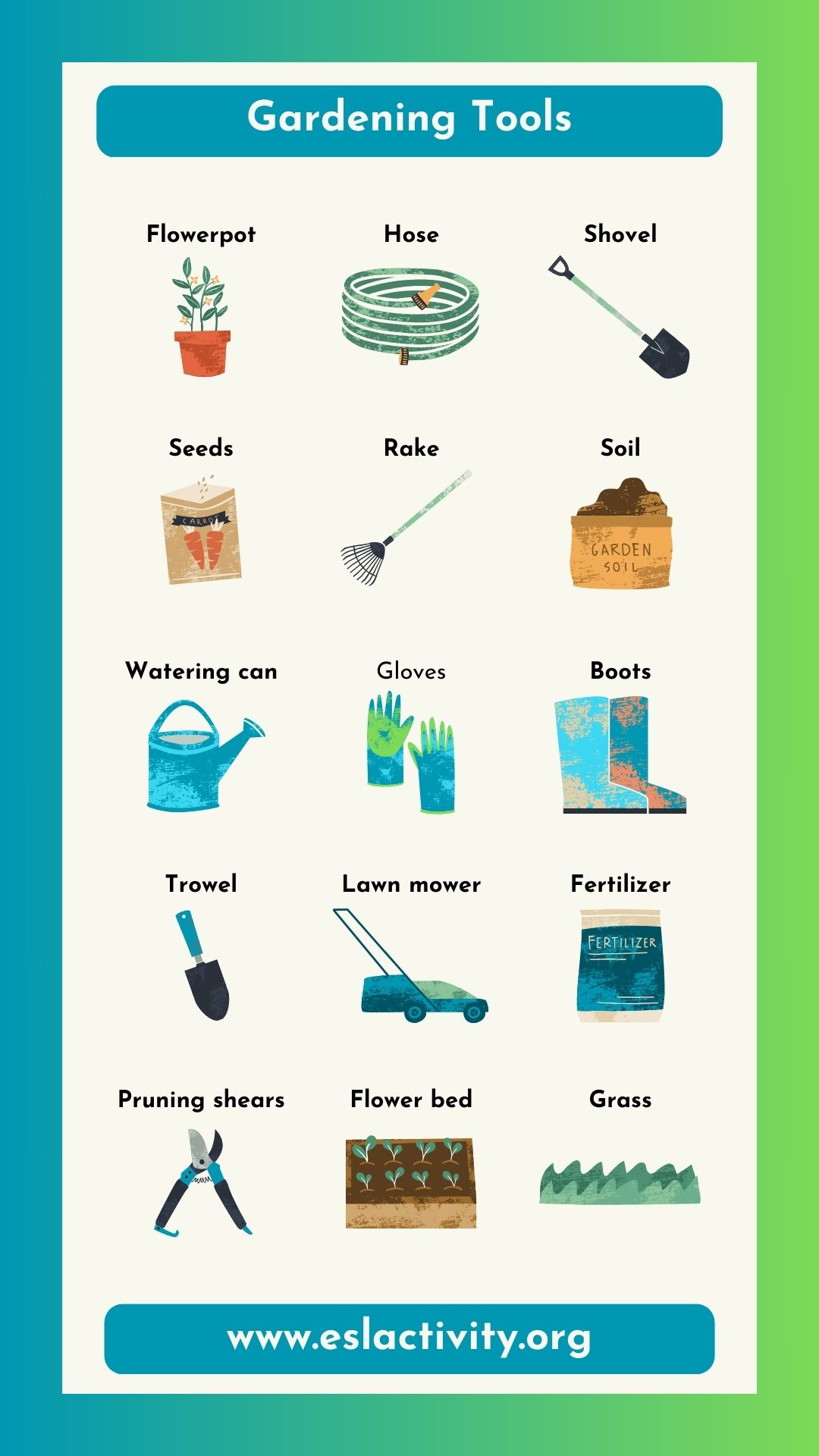 List of the Most Common Gardening Tools in English with Pictures